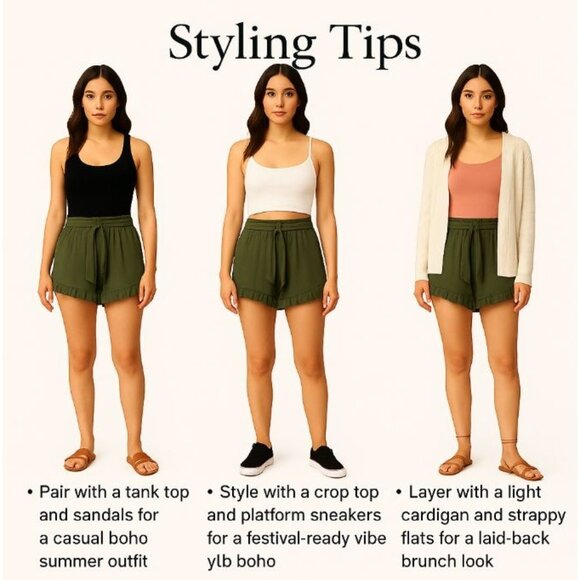 Derek Heart Small Green Ruffle Hem Shorts Waist Tie Belt Casual Boho Summer Chic - Picture 7 of 8